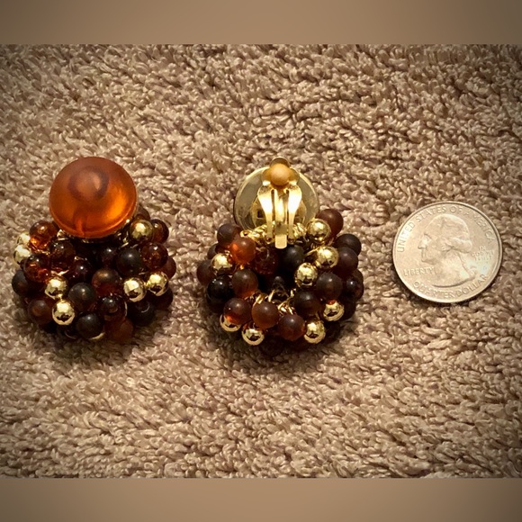 Vintage 2-Way Transformable Brown Gold Toned Beads ClipOn Earrings - Picture 3 of 5